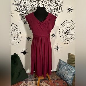 Burgundy Cap-sleeved Midi Dress with Attached Fabric Tie Belt